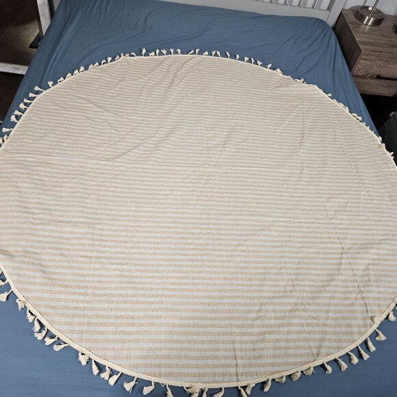 Round Tablecloth Table Cloth Cover Cloth Beige White Striped Tassel Fringe 59" - Picture 8 of 9